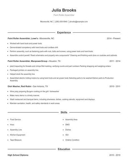 Paint Roller Assembler Resume