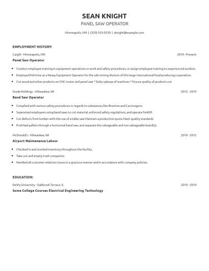 Panel Saw Operator Resume
