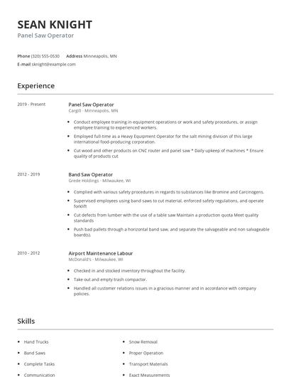 Panel Saw Operator Resume