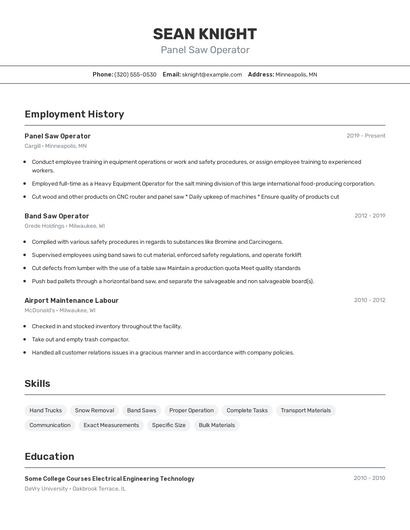Panel Saw Operator Resume