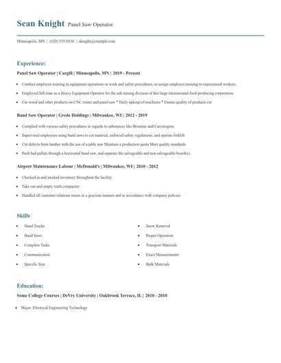 Panel Saw Operator Resume