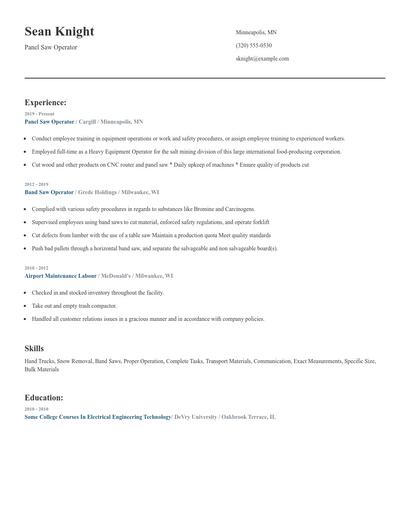 Panel Saw Operator Resume