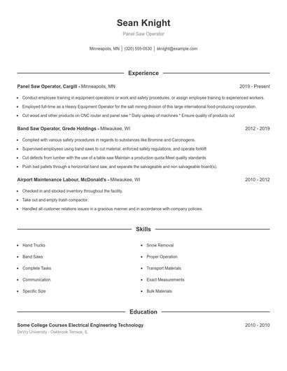 Panel Saw Operator Resume