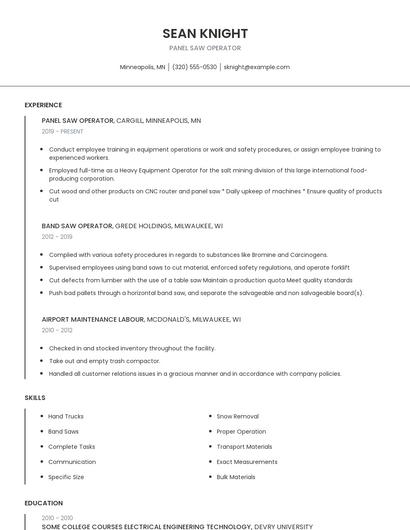 Panel Saw Operator Resume