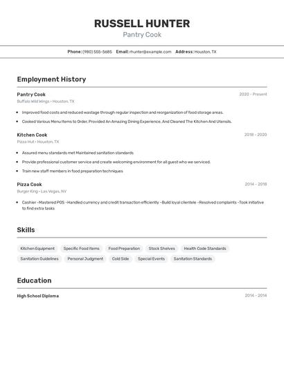 Pantry Cook Resume