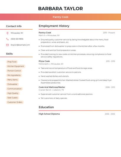 Pantry Cook Resume