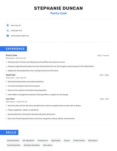Pantry Cook Resume