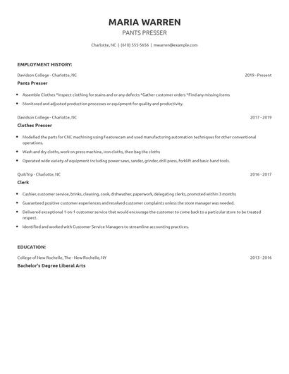 Pants Presser Resume