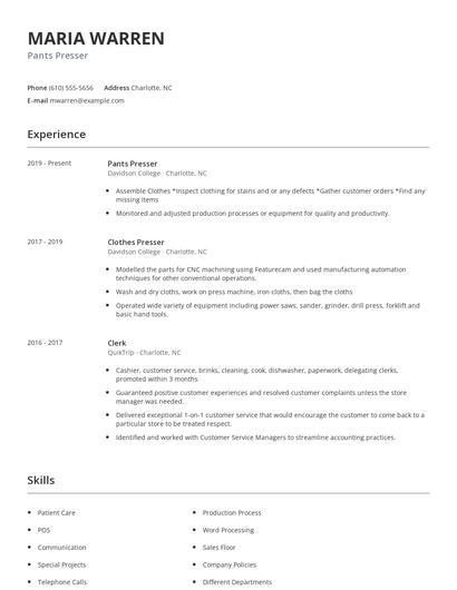 Pants Presser Resume