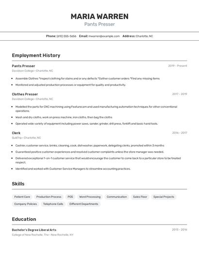 Pants Presser Resume