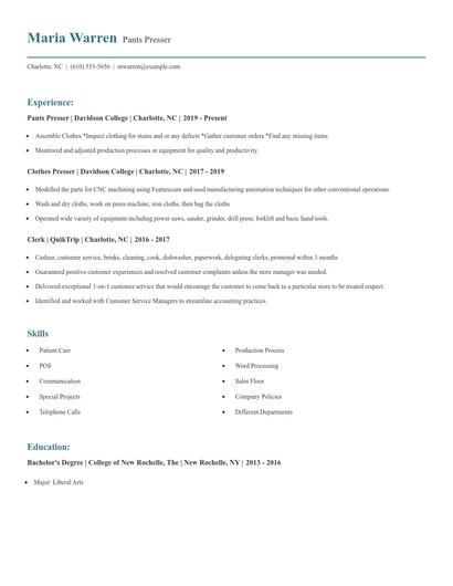 Pants Presser Resume