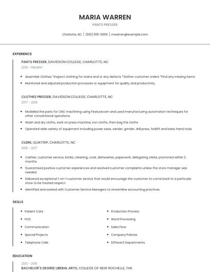 Pants Presser Resume