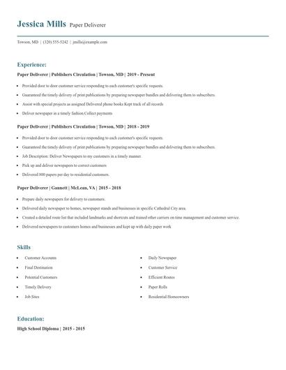 Paper Deliverer Resume
