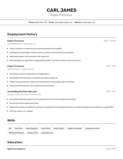 Paper Processor Resume