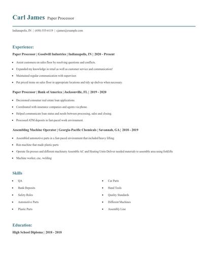 Paper Processor Resume