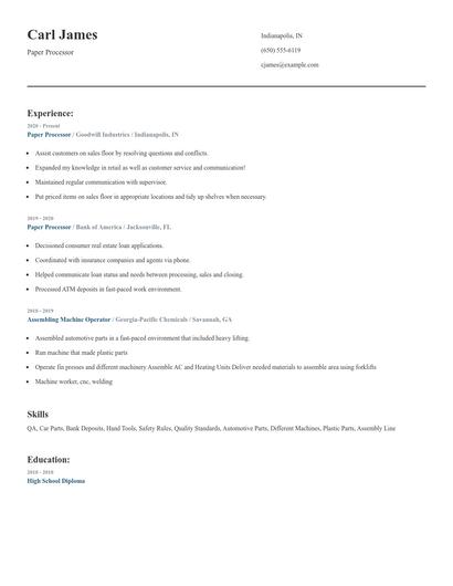 Paper Processor Resume