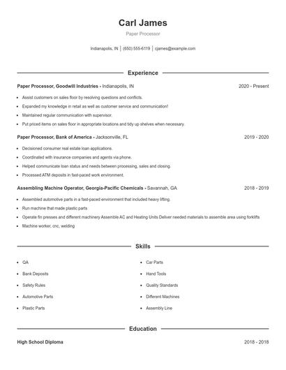 Paper Processor Resume