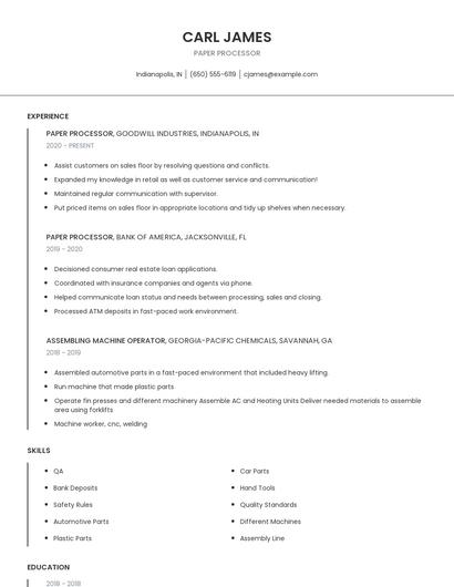 Paper Processor Resume