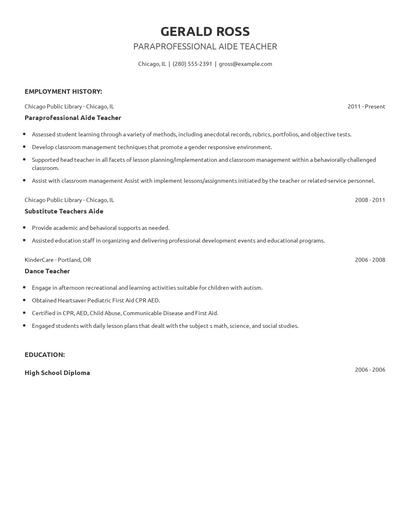 Paraprofessional Aide Teacher Resume
