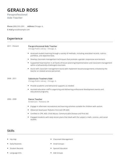Paraprofessional Aide Teacher Resume