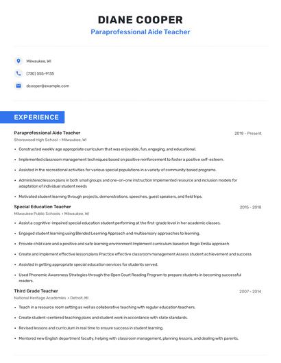 Paraprofessional Aide Teacher Resume