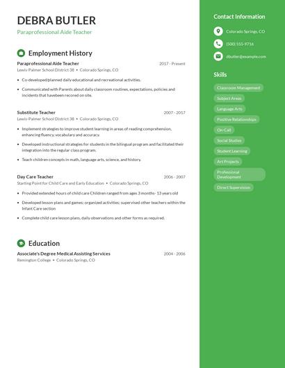Paraprofessional Aide Teacher Resume