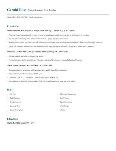 Paraprofessional Aide Teacher Resume