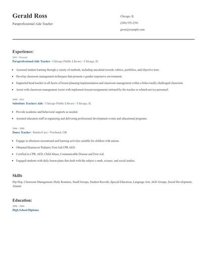 Paraprofessional Aide Teacher Resume