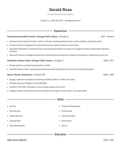 Paraprofessional Aide Teacher Resume