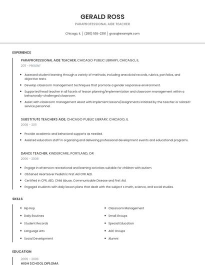 Paraprofessional Aide Teacher Resume