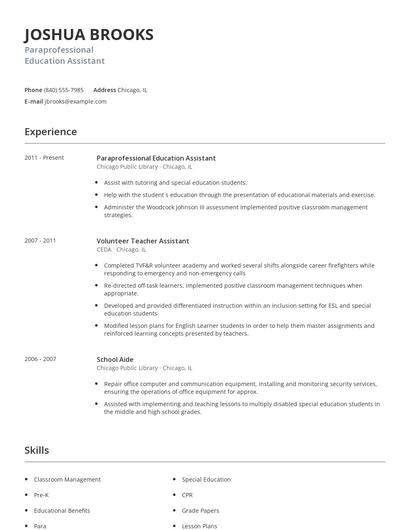 Paraprofessional Education Assistant Resume