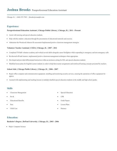 Paraprofessional Education Assistant Resume