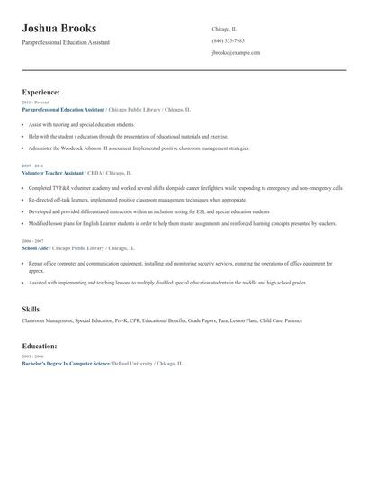 Paraprofessional Education Assistant Resume