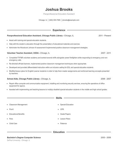 Paraprofessional Education Assistant Resume