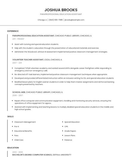 Paraprofessional Education Assistant Resume