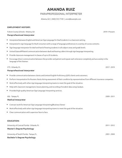 Paraprofessional Interpreter Resume