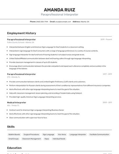 Paraprofessional Interpreter Resume