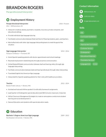 Paraprofessional Interpreter Resume