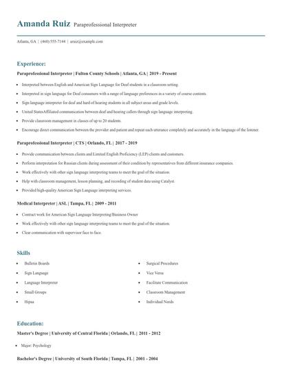 Paraprofessional Interpreter Resume