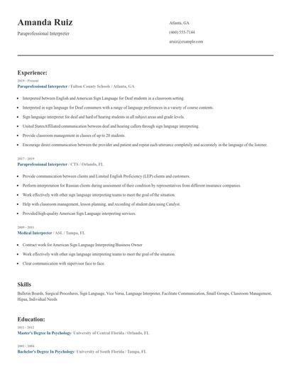 Paraprofessional Interpreter Resume