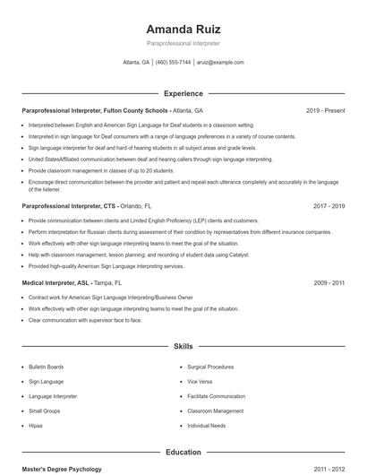 Paraprofessional Interpreter Resume