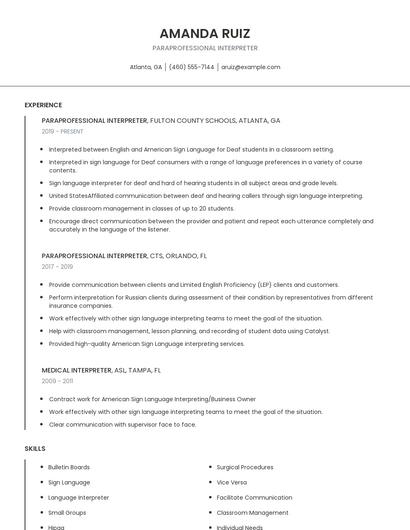 Paraprofessional Interpreter Resume
