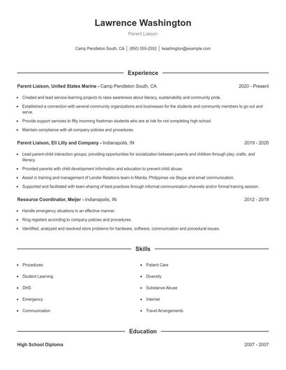 Parent Liaison Resume