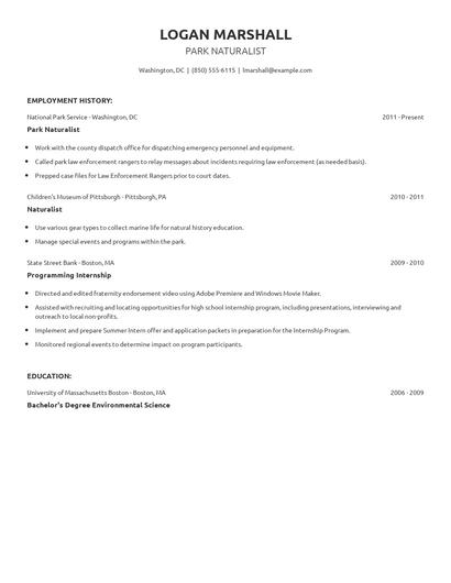 Park Naturalist Resume