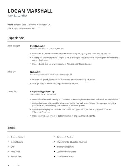 Park Naturalist Resume