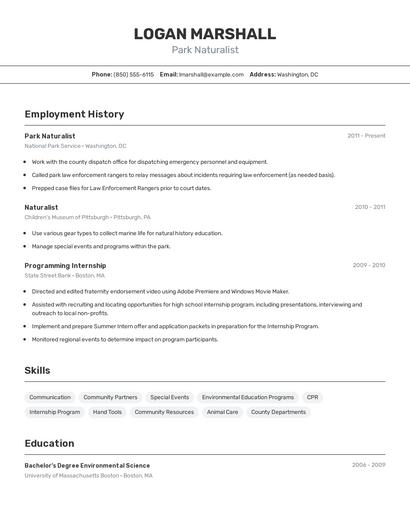 Park Naturalist Resume