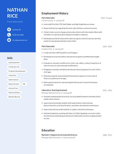 Park Naturalist Resume