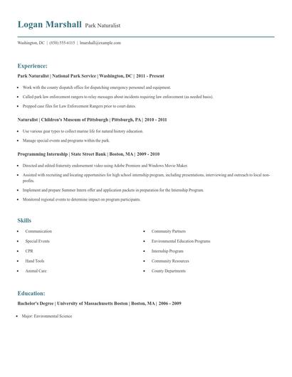 Park Naturalist Resume
