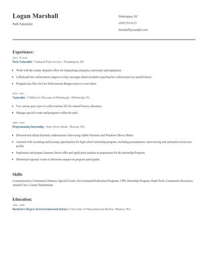 Park Naturalist Resume