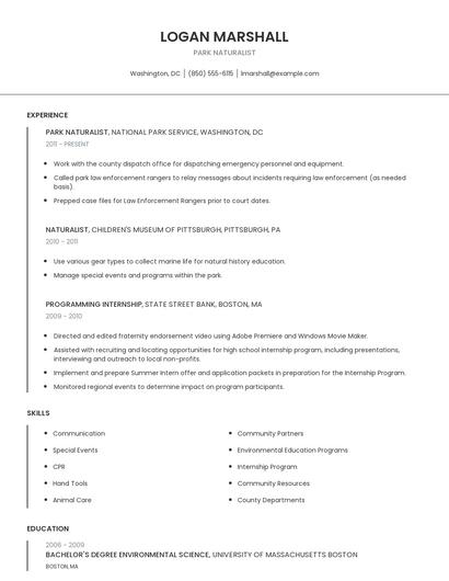 Park Naturalist Resume